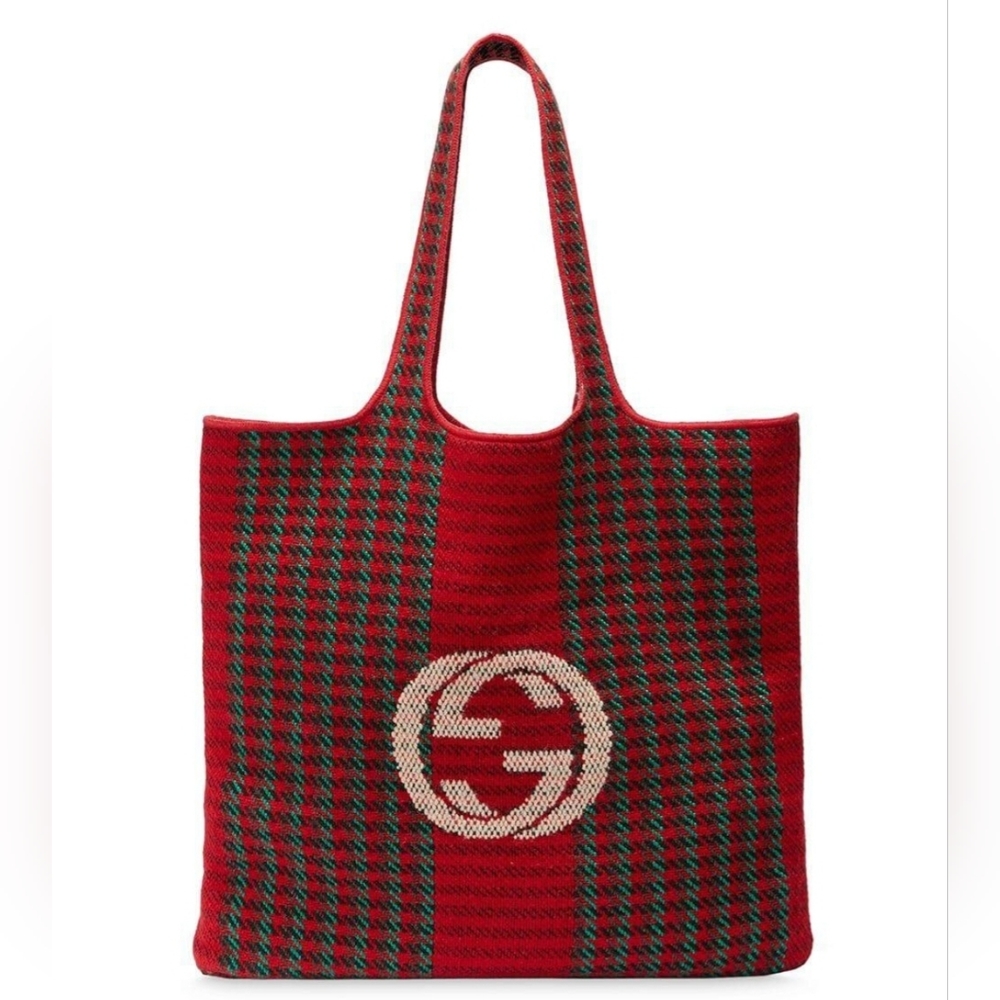 Authentic Gucci cauliflower embroidered houndstooth and stripe Wool tote bag - Picture 2 of 16